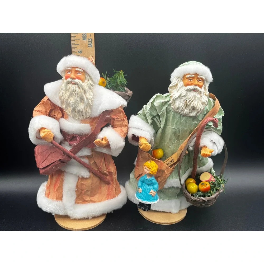 Paper Mache Santa Claus Figurines Set of 2 Hard Plastic Face Hands 8